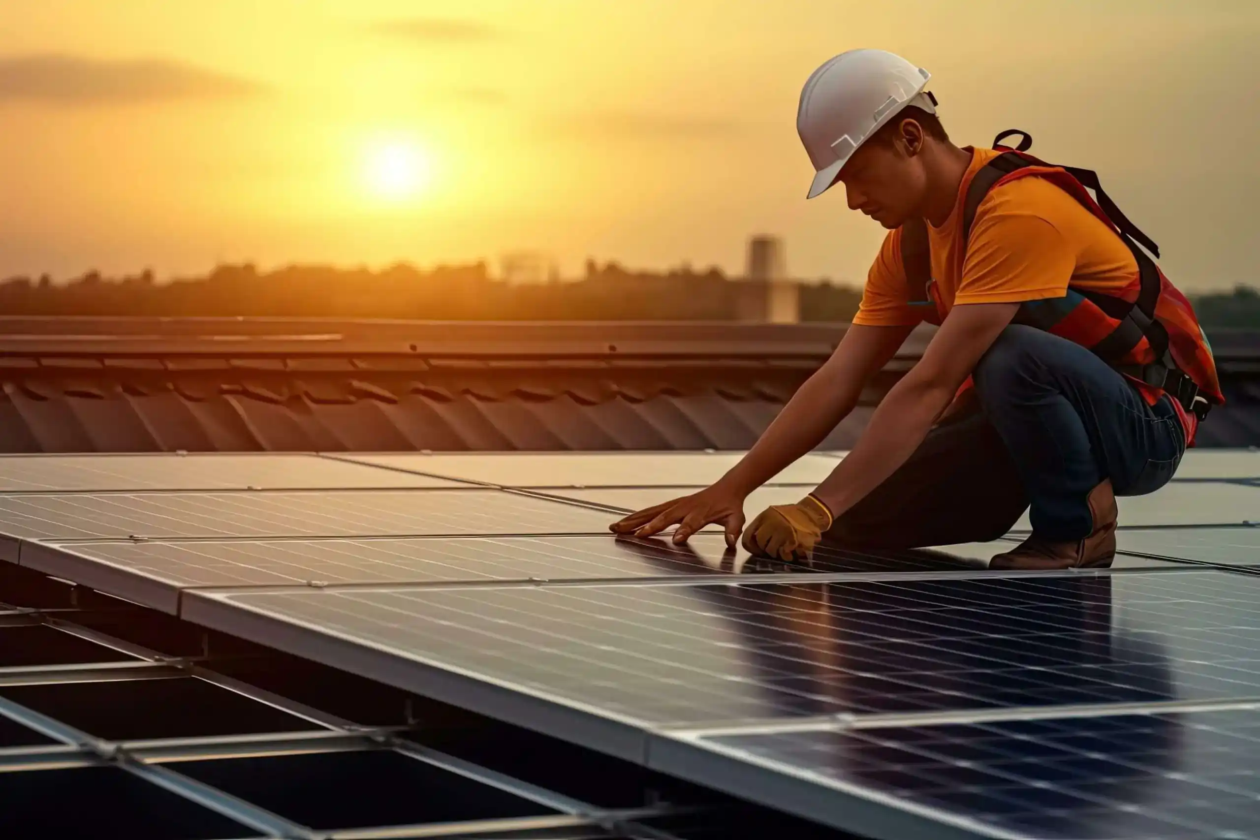 worker checking solar panel